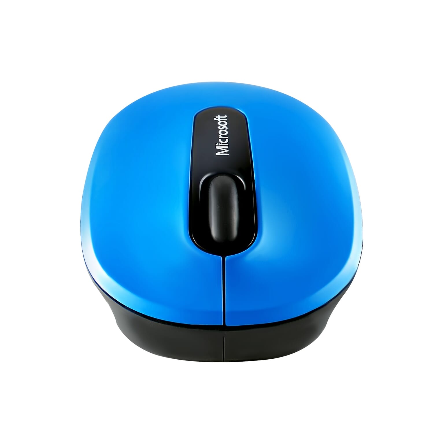 עכבר מחשב בצבע כחול זוהר עם גלגלת שחורה מצולם על רקע לבן